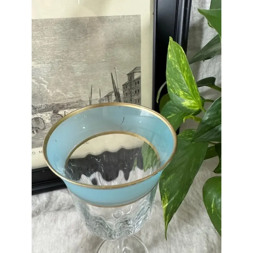 Vintage Frosted Teal Blue & Gold Rimmed Wine Glass Set of 4